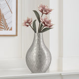 Indra Embossed Aluminum 16h" Pinched Bottle Vase - Pewter