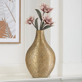 Indra Embossed Aluminum 20h" Pinched Bottle Vase - Ant. Gold