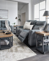 Dunwell dual power reclining sofa in Steel styled in modern home for customers in Okotoks and Airdrie