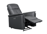 Dark grey power glider recliner fully extended with footrest open