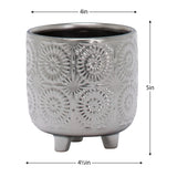 Clara Embossed Mandala Silver Ceramic 4.5x5" Footed Drop Pot Planter