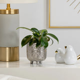 Clara Embossed Mandala Silver Ceramic 4.5x5" Footed Drop Pot Planter