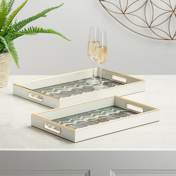 Savoy Gold Trim 2 Piece Rectangle Tray Set - Blue Wave