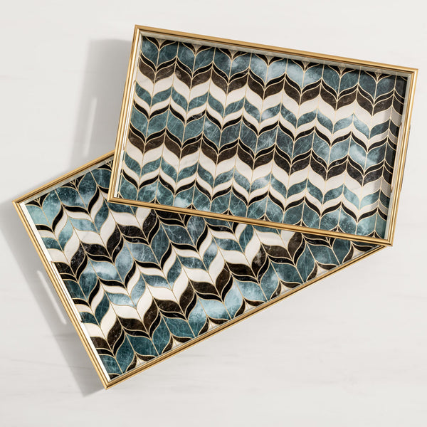 Savoy Gold Trim 2 Piece Rectangle Tray Set - Blue Wave