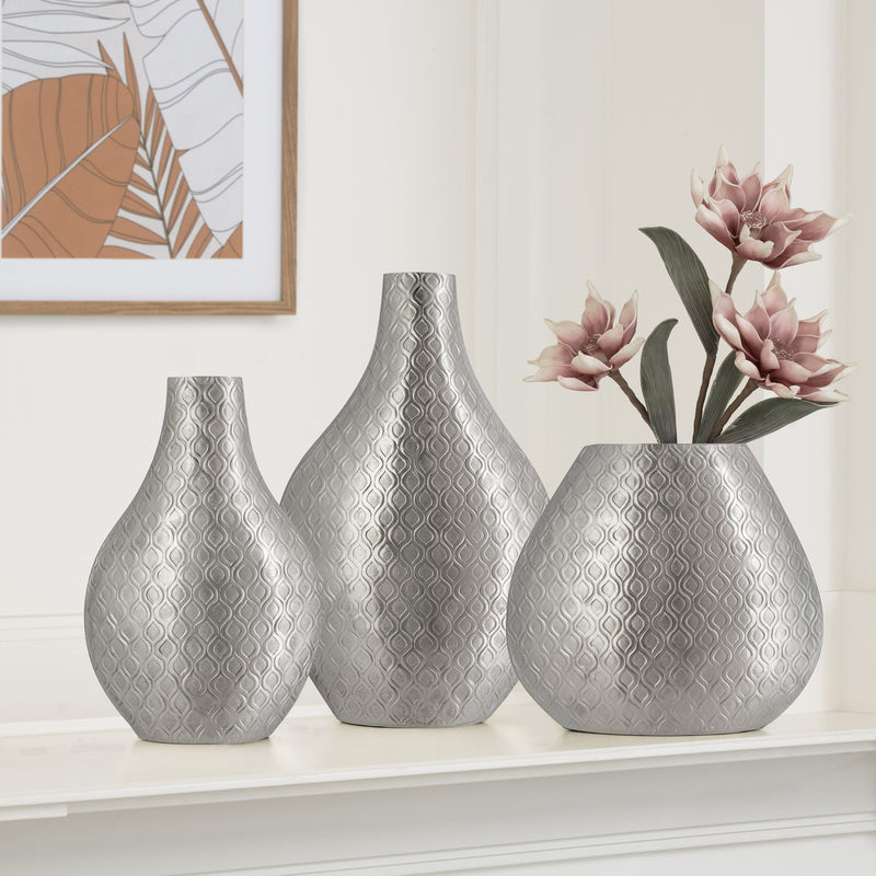 Indra Embossed Aluminum 16h" Pinched Bottle Vase - Pewter