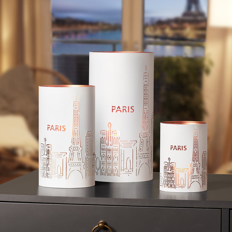 Paris Skyline Metal Cutout 3 Piece Hurricane Candle Holder Set