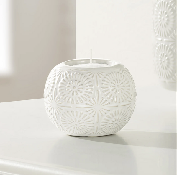 Clara Embossed Mandala White Ceramic Tealight Holder