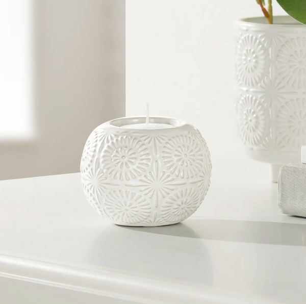 Clara Embossed Mandala White Ceramic Tealight Holder