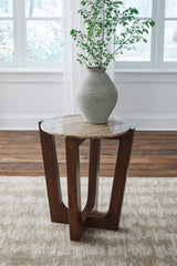 Asmara round end table front view in modern living room setting