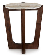 Side view of Asmara round end table showing compact circular design