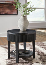 Black Buck end table front view in modern living room setting