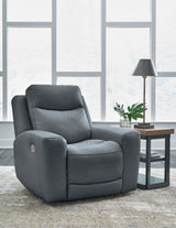 Dunwell dual power reclining chair in steel grey fabric front view Canada