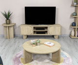 Haru coffee table styled with decor in a contemporary space