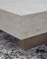 Spector coffee table styled with decor in a contemporary space