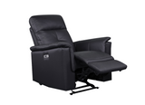 Black power glider recliner fully extended with footrest open