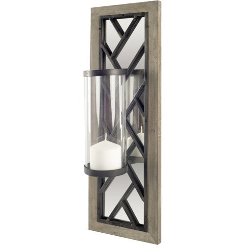 Benji 24"H Brown Wood Frame Black Metal Accent Mirrored Wall Candle Holder