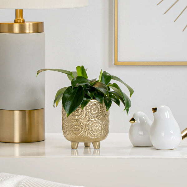 Clara Embossed Mandala Gold Ceramic 4.5x5" Footed Drop Pot Planter