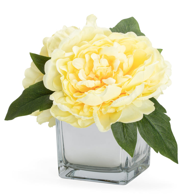 Peony Faux Arrangement in Glass Mirror Cube Vase - Yellow