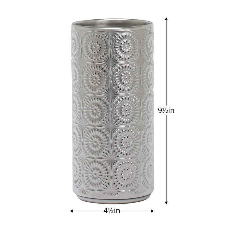 Clara Embossed Mandala Silver Ceramic 9.5h" Vase