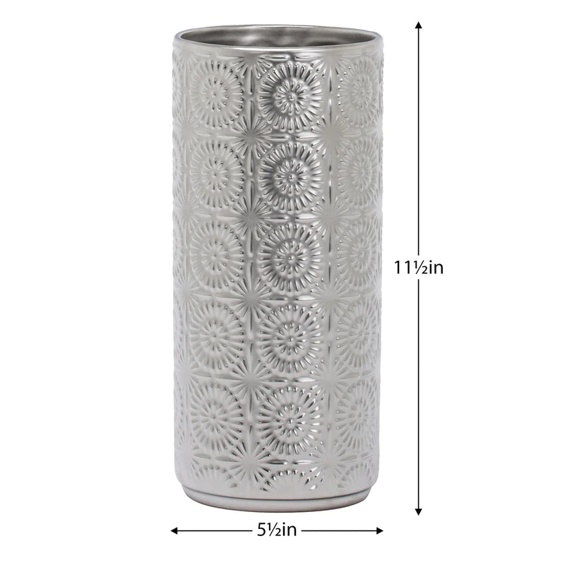 Clara Embossed Mandala Silver Ceramic 11.5h" Vase
