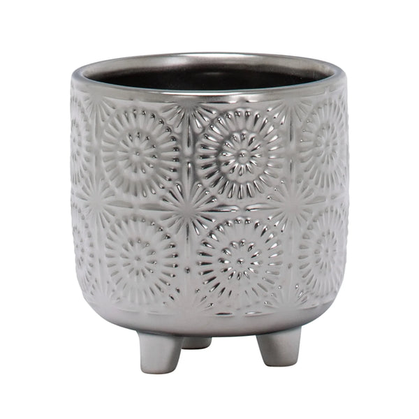 Clara Embossed Mandala Silver Ceramic 4.5x5" Footed Drop Pot Planter