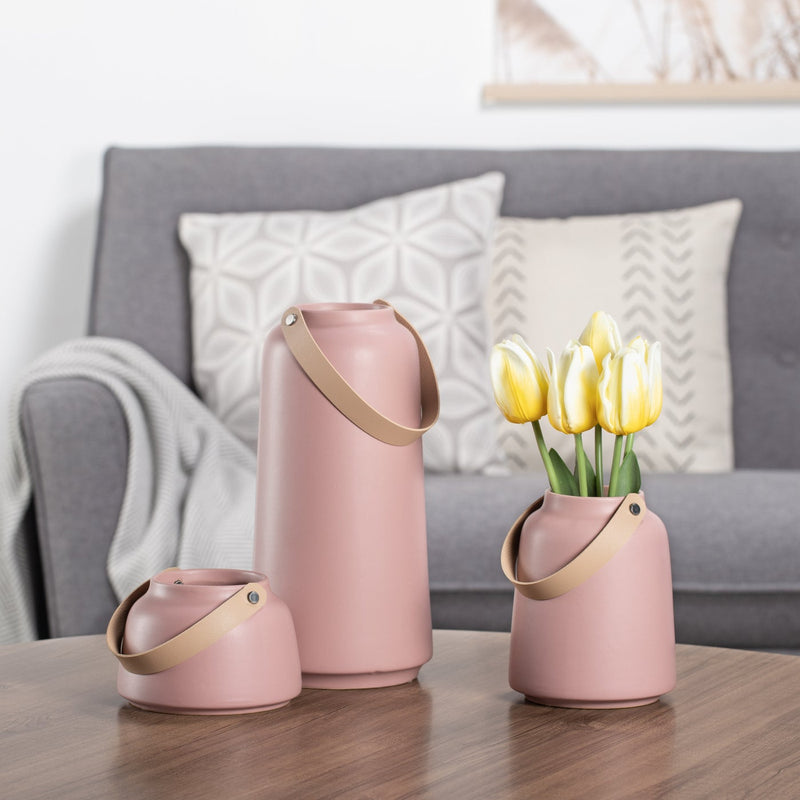 Lido Matte Pink Ceramic 3.5h" Tapered Vase with Faux Leather Handle