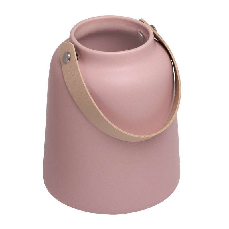 Lido Matte Pink Ceramic 6h" Tapered Vase with Faux Leather Handle
