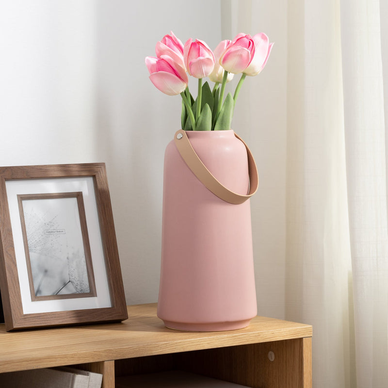 Lido Matte Pink Ceramic 11h" Tapered Vase with Faux Leather Handle
