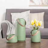 Lido Matte Green Ceramic 11h" Tapered Vase with Faux Leather Handle