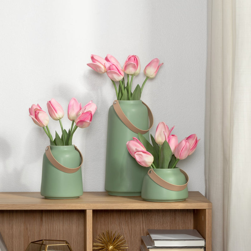 Lido Matte Green Ceramic 11h" Tapered Vase with Faux Leather Handle