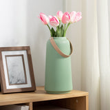 Lido Matte Green Ceramic 11h" Tapered Vase with Faux Leather Handle