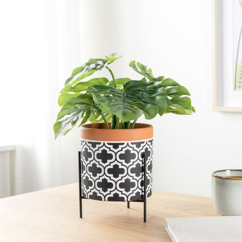 Veranda 5.5d" Ceramic Pot On Stand - Terracotta / Black Arabesque