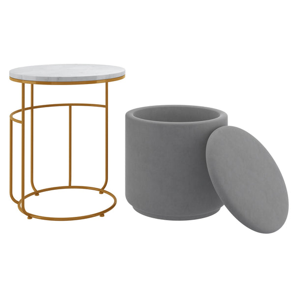 Leo Accent Table & Storage Ottoman Set in Grey