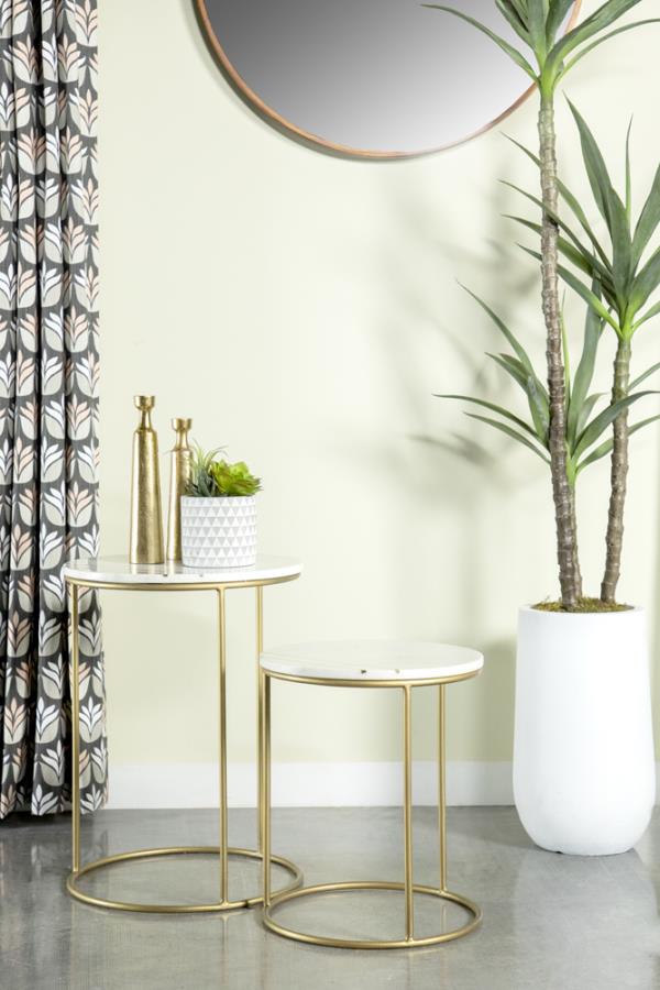 JEAN 2-Piece Round Marble Top Nesting Tables White And Gold