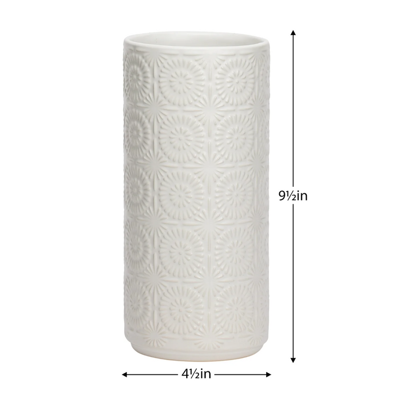 Clara Embossed Mandala White Ceramic 9.5h" Vase