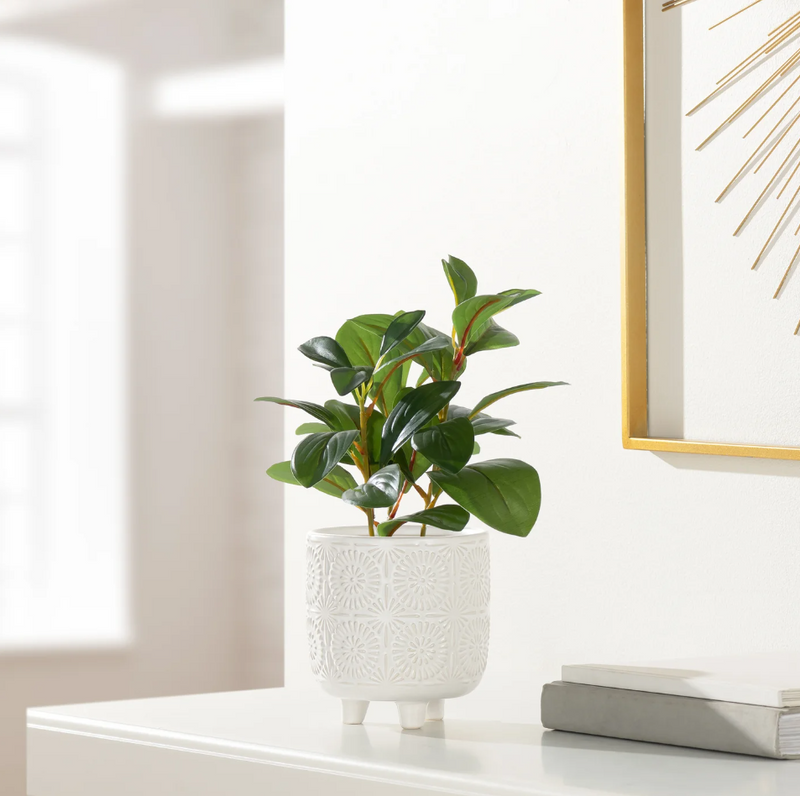 Clara Embossed Mandala White Ceramic 4.5x5" Footed Drop Pot Planter