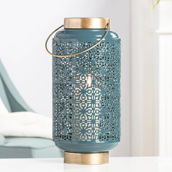 Elise Blue Enamel 16h" Metal Cutout Lantern