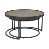 “Round weathered elm nesting coffee table set for stylish homes in Okotoks”