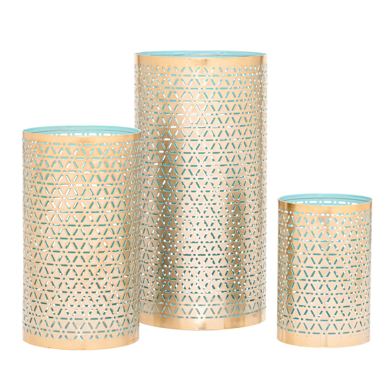 PINWHEEL GOLDEN TEAL METAL CUTOUT 3 PIECE HURRICANE CANDLE HOLDER SET