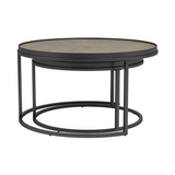 “Rustic weathered elm nesting coffee tables for modern Calgary home”