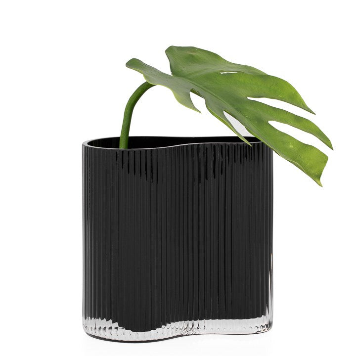 CONTOUR PINCHED BLACK 7H" RIBBED GLASS VASE