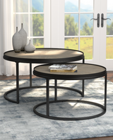 “Weathered elm 2 piece round nesting coffee tables for Calgary living room”