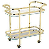 Front view of Zedd 2 tier gold bar cart at Couch9 Calgary furniture store